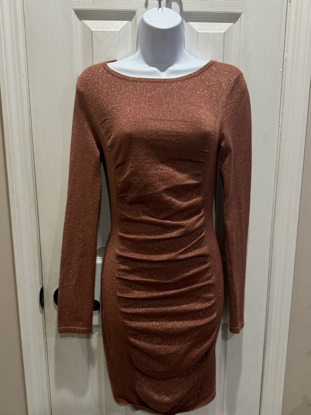 Express Metallic Ruched Long Sleeve Dress Brown Size Small
